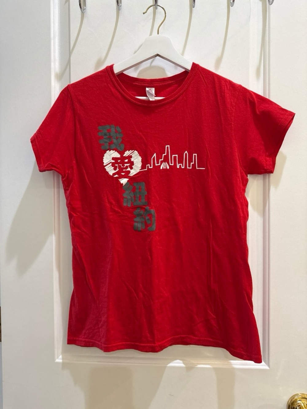 Red Graphic Short Sleeve Tee with Heart & Skyline